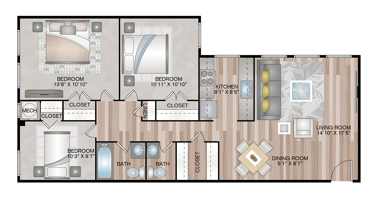 3 Bed/1.5 Bath 899sf