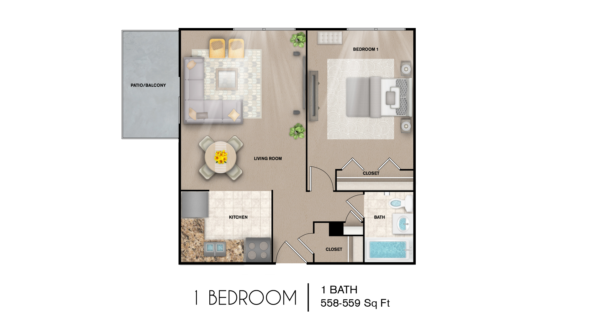 1 Bedroom balcony sq ft 1